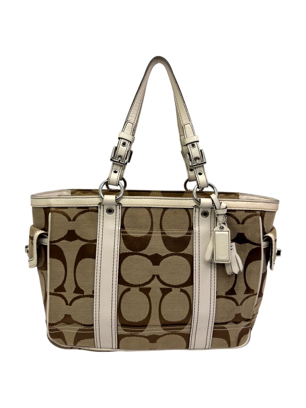 Vintage Coach Signature Brown Khaki Jacquard Canvas Gallery Satchel Tote Bag